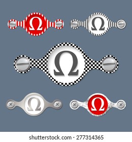 five abstract objects with pattern and omega symbol