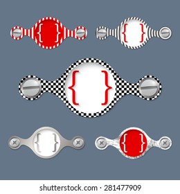 Five abstract objects with pattern and square brackets