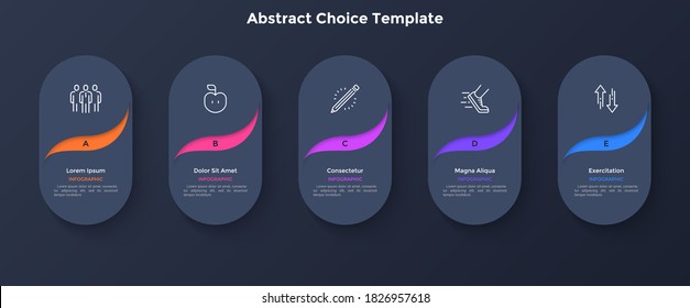 Cinco elementos abstractos de papel negro redondeados u ovalados. Concepto de 5 funciones de estrategia de marketing a elegir o seleccionar. Plantilla sencilla de diseño infográfico. Ilustración vectorial moderna plana para presentación.