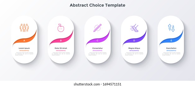 Cinco elementos blancos redondeados u ovalados de papel abstracto. Concepto de 5 características de estrategia de marketing para elegir o seleccionar.Plantilla de diseño gráfico simple. Ilustración vectorial moderna plana para la presentación.
