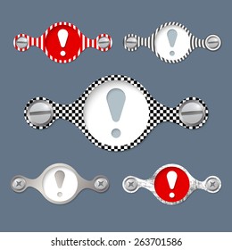 five abstract vector objects and a colored exclamation mark