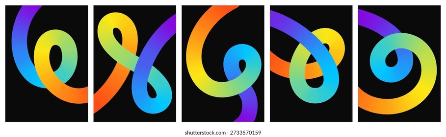 Five abstract vertical banners with colorful 3D liquid ribbons on black background