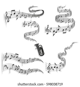 Five abstract wavy staves in vector format./Wavy musical scores and notes vector illustration.