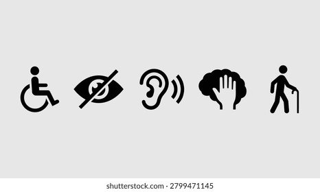 Five accessibility representing wheelchair, blindness, hearing, cognitive support, and elderly mobility assistance