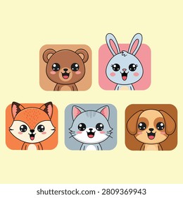 Five adorable animal head illustrations inside rounded square frames featuring a bear bunny fox kitten and puppy with expressive eyes. Ideal for mobile apps and social media profiles.