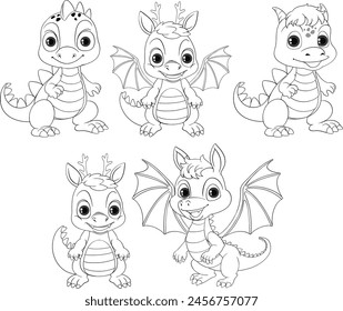 Cinco adorables bebés dragón en varias poses.