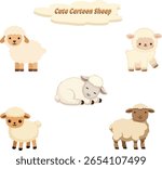 Five adorable cartoon sheep in various poses are depicted against a white background.  They are drawn in a simple, child-friendly style.