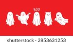 Five adorable friendly phantom characters floating in various cheerful poses created for spooky trick or treat season designs.
