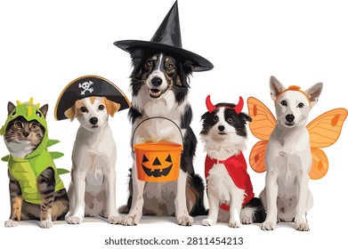 Five adorable pets, four dogs and a cat, dressed in charming Halloween costumes. Witch, pirate, devil, butterfly, dinosaur. Perfect for festive fun.