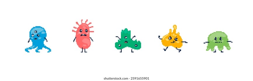 Five adorable pixelated monsters with different shapes, colors, and expressions stand in a row.