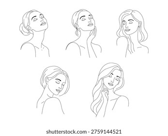 Five aesthetic line art drawings of women in relaxed poses reflecting skincare wellness and natural beauty concept.