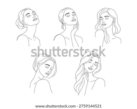 Five aesthetic line art drawings of women in relaxed poses reflecting skincare wellness and natural beauty concept.