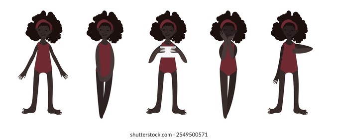 Five African girls in swimsuits. Calm standing poses: thumbs up, piece of paper in hands. Brown skin tone and dark hair. Vector illustration in flat style.