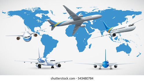 Five airplanes and blue map illustration