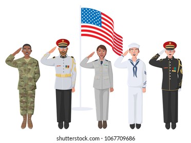 Five American Soldiers in Uniform. May be used for Memorial Day, Veterans Day, Independence Day Events. Material for Poster, Banner, Website.