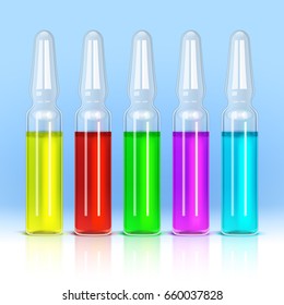 Five ampoules with colored solution inside, on blue background. Medical preparations. Healthcare concept