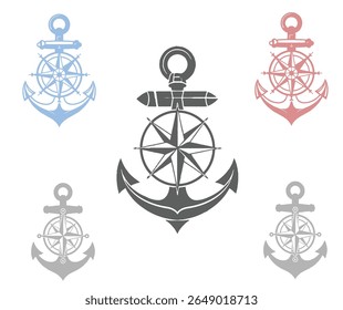 Five anchors in different colors are shown, each with a compass rose in the center of the anchor.