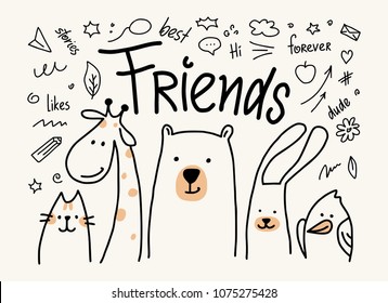 Five animals friends vector cute flat illustration. Cartoon card with cat, bear, giraffe, rabbit and bird