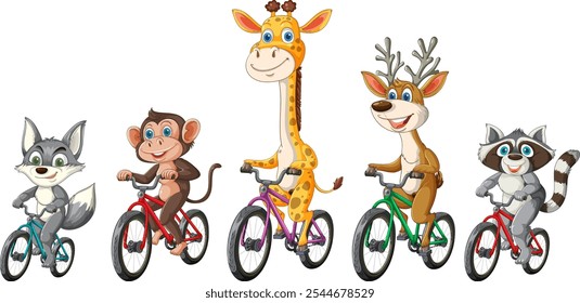 Five animals joyfully cycling in a line