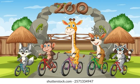 Five animals ride bikes in front of zoo entrance