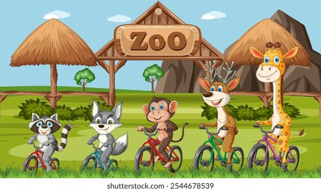 Five animals riding bikes in a zoo setting
