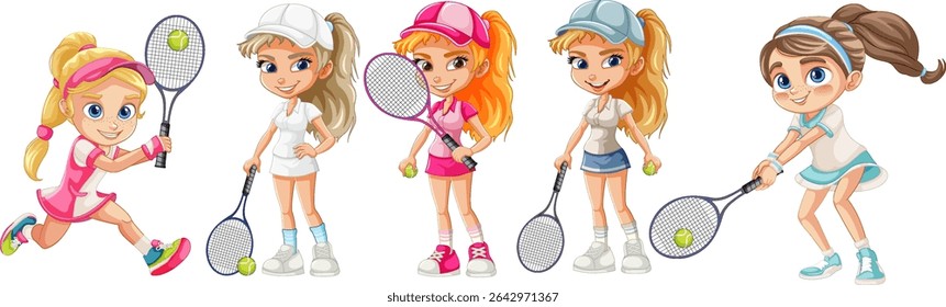 Five animated girls in tennis outfits with rackets and balls, showcasing dynamic poses and vibrant colors