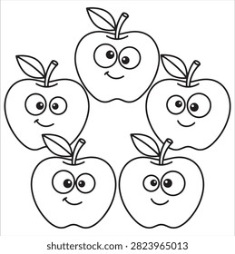 Five apples with cartoon faces are depicted as a black and white line illustration on a white background.