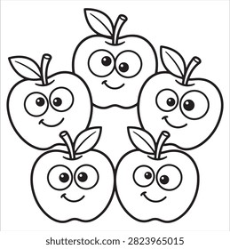 Five apples with cartoon faces are depicted as a black and white line illustration on a white background