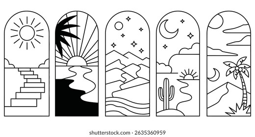 Five arched scenes transition from sunny stairs to moonlit mountains. A minimalist style captures the changing beauty of landscapes in simple, elegant lines.