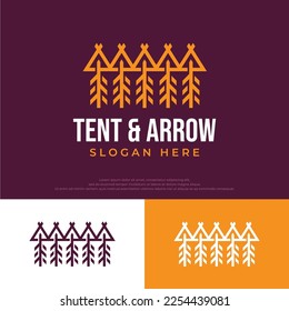 5 flechas con símbolo de logotipo de tienda de campaña. Plantilla de diseño de identidad de tiro con arco en el campo