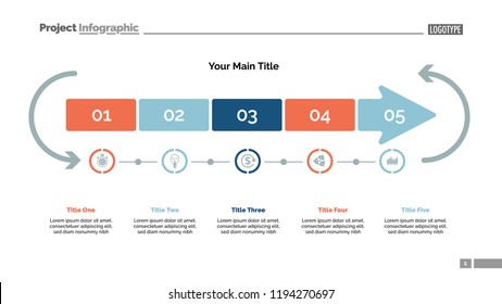 Five arrow segments process chart slide template. Business data. Point, diagram, design. Creative concept for infographic, presentation, report. For topics like marketing, production, research.