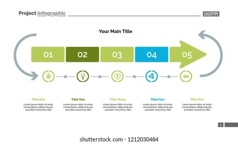 Five arrow segments process chart slide template. Business data. Point, diagram, design. Creative concept for infographic, presentation, report. For topics like marketing, production, research.
