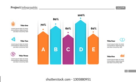 Five arrows bar diagram. Percentage chart, slide, editable template. Creative concept for infographics, presentation, project, report. Can be used for topics like business, finance, human resource