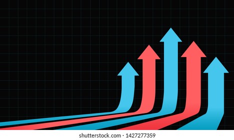 Five arrows moving up on a dark background. Stock market up arrows.