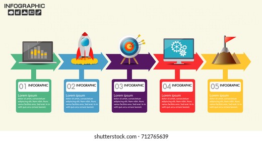 Five arrows, numbered flat rainbow spectrum colored arrow presentation infographic chart with explanatory text field isolated on white background. Vector graphic template.