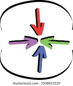 Fünf Pfeile, die innerhalb eines Kreises nach außen zeigen und Wachstum, Expansion und Vielfalt symbolisieren. Geeignet für Geschäftspräsentationen, Infografiken, Webdesigns.