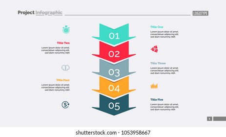 Five arrows process chart slide template. Business data. Step, diagram, design. Creative concept for infographic, presentation, report. Can be used for topics like management, finance, strategy.