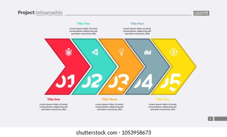 Five arrows process chart slide template. Business data. Point, number, design. Creative concept for infographic, presentation, report. Can be used for topics like management, finance, research.