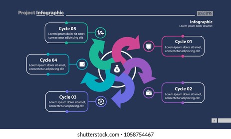Five arrows process chart slide template. Business data. Point, diagram, design. Creative concept for infographic, presentation. Can be used for topics like management, production, training.
