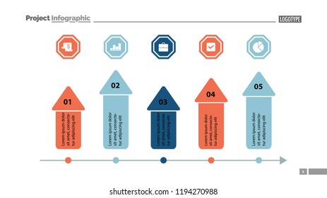 Five arrows process chart slide template. Business data. Target, diagram, design. Creative concept for infographic, presentation. Can be used for topics like marketing, finance, research.
