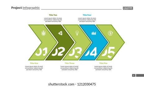 Five arrows process chart slide template. Business data. Point, number, design. Creative concept for infographic, presentation, report. Can be used for topics like management, finance, research.