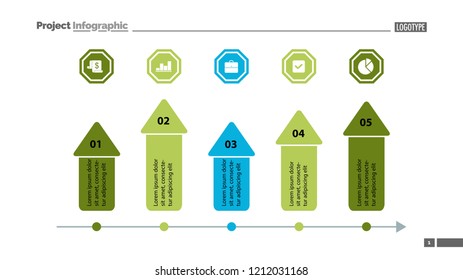 Five arrows process chart slide template. Business data. Target, diagram, design. Creative concept for infographic, presentation. Can be used for topics like marketing, finance, research.