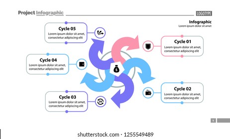 Five arrows process chart slide template. Business data. Point, diagram, design. Creative concept for infographic, presentation. Can be used for topics like management, production, training.
