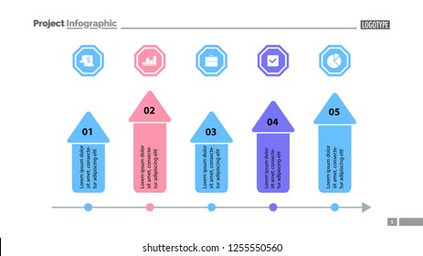 Five arrows process chart slide template. Business data. Target, diagram, design. Creative concept for infographic, presentation. Can be used for topics like marketing, finance, research.