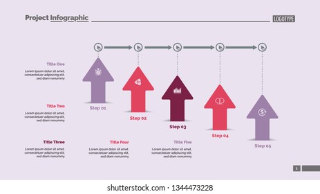 Five arrows process chart slide template. Business data. Option, workflow, design. Creative concept for infographic, presentation, report. Can be used for topics like management, strategy, research.