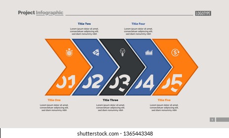Five arrows process chart slide template. Business data. Point, number, design. Creative concept for infographic, presentation, report. Can be used for topics like management, finance, research.
