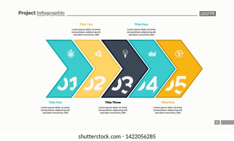 Five arrows process chart slide template. Business data. Point, number, design. Creative concept for infographic, presentation, report. Can be used for topics like management, finance, research.