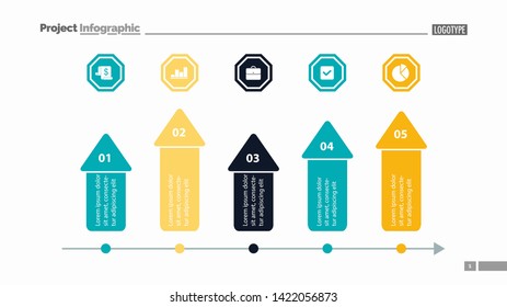 Five arrows process chart slide template. Business data. Target, diagram, design. Creative concept for infographic, presentation. Can be used for topics like marketing, finance, research.