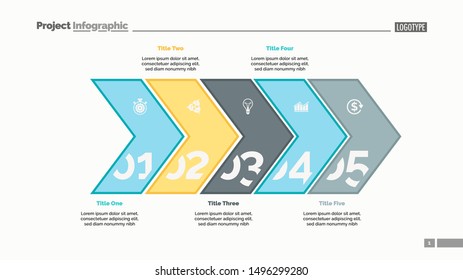 Five arrows process chart slide template. Business data. Point, number, design. Creative concept for infographic, presentation, report. Can be used for topics like management, finance, research.