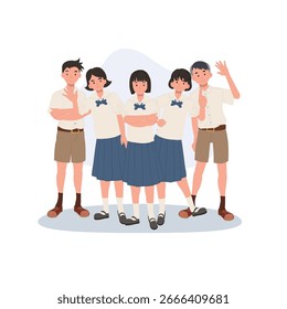 fünf asiatische schüler in schuluniform stehen zusammen lächeln und posieren zu zeigen teamarbeit freundschaft und studentisches leben